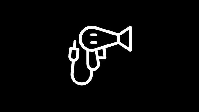 Simple white outline icon of a hairdryer with a cord on a black background