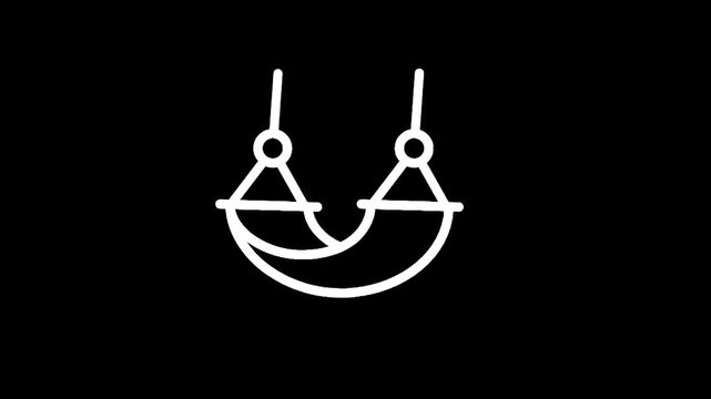 Simple white line art icon of a hammock suspended by ropes against a black background