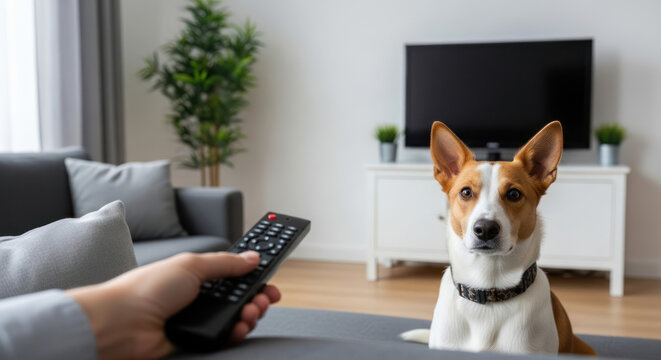 Dog Watching TV with Remote Control in Hand.