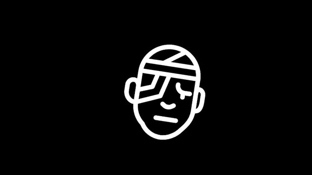 Simple line art icon of a person with a bandaged head and eye on a black background