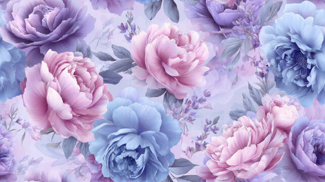 Dreamy seamless watercolor floral pattern with peonies in pastel blue and pink palette, soft romantic botanical background