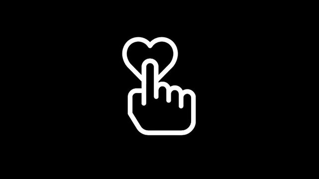 Simple white outline icon of a finger pressing a heart symbol on a black background