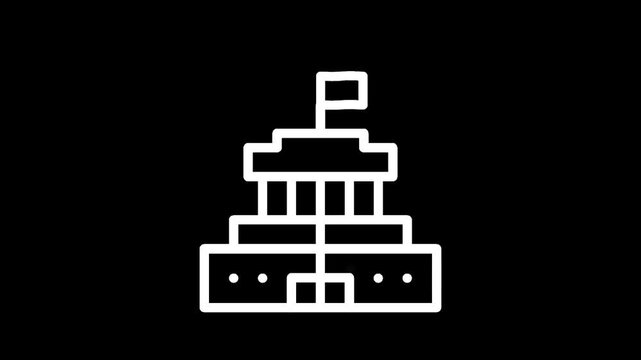 Stylized white line art icon of a government building with a flag on a black background