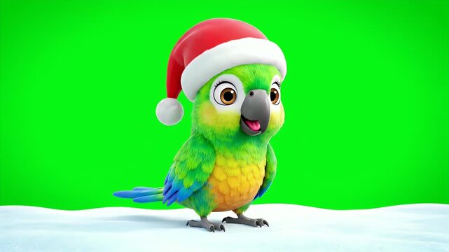 Adorable cartoon parrot wearing a Santa hat stands on snow with a green screen background isolated for festive holiday projects