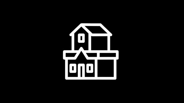 Simple line art icon representing stacked houses on a black background