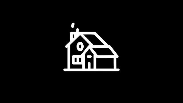Simple white line art icon of a house with a chimney emitting smoke on a black background