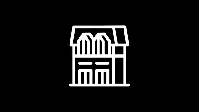 Simple line art icon of a traditional two-story building with a pitched roof