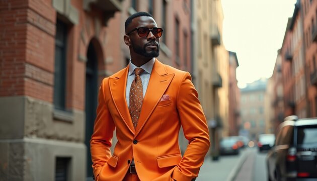 Man wears vibrant orange suit with patterned tie and sunglasses. He stands on a city street, arms in pockets, looking off camera. Background shows brick buildings and cars parked on road.