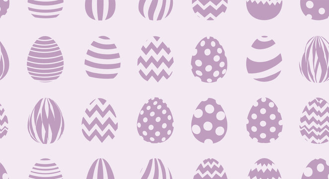 Pattern of purple Easter eggs decorated with various white patterns like stripes and zigzags for a festive holiday background or wrapping paper.