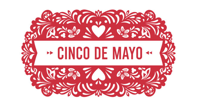 Cinco de Mayo festive banner featuring traditional Mexican paper cutting design with a red decorative frame around the central holiday text.