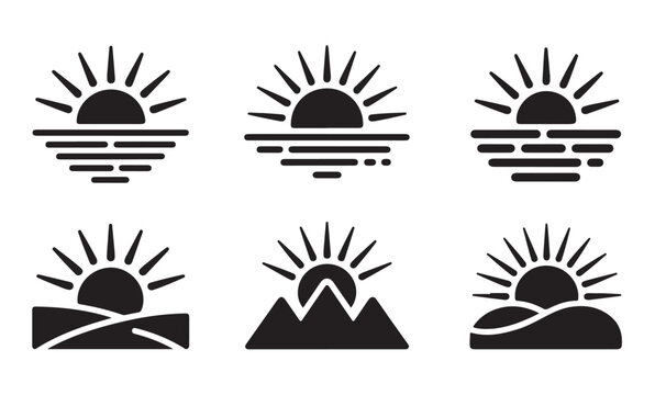 Sunrise sunset icons over landscape mountains water stylized abstract line art elements.