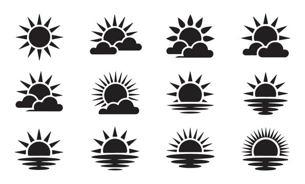 Solar icons and water reflection set featuring sun rays and clouds vector silhouette designs.