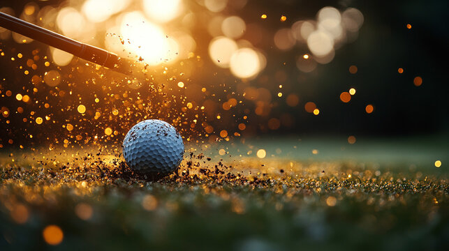 Golf ball tee off on course at sunset with dirt spray