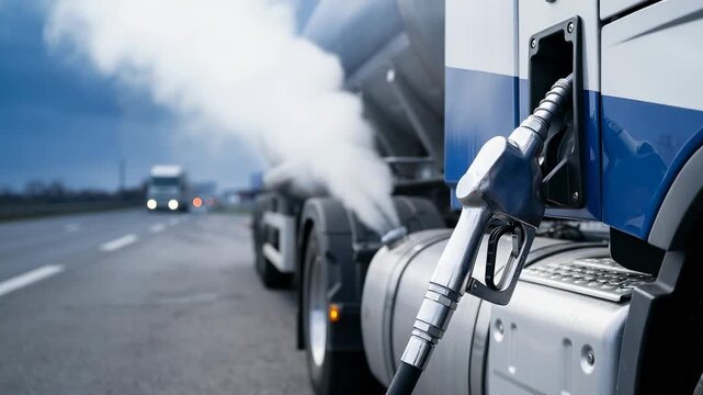 Fuel nozzle is inserted into a truck at a refueling station on a highway. Other trucks are in motion in the background during early evening hours