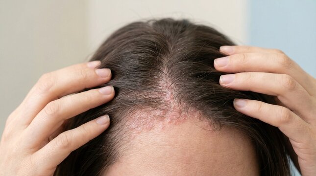 Woman parting her hair to reveal eczema on scalp near hairline with visible flaking and redness