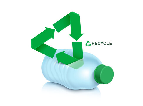 3D plastic bottle with green recycle symbol icon on white background Plastic waste management environmental conservation and eco-friendly packaging concept for sustainability and zero waste