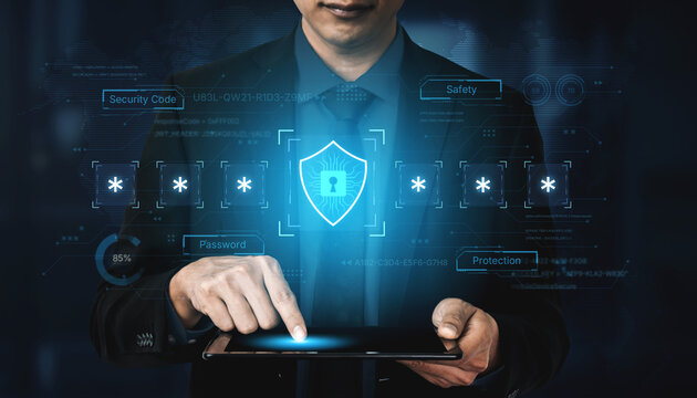 A concept of an advanced cybersecurity system. The futuristic interface shows a multi-factor authentication process using a secure password or PIN for enhanced data protection. Fermion