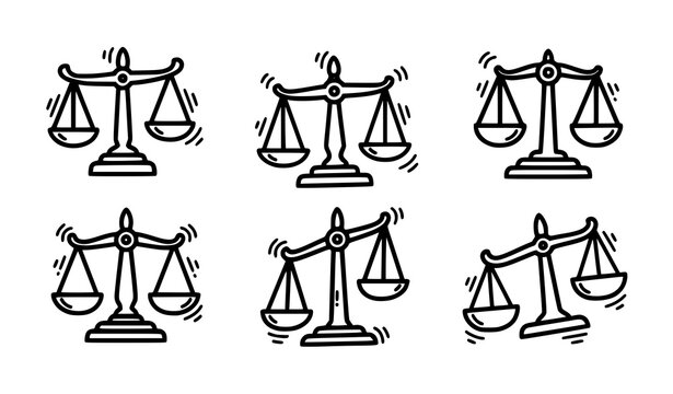 Sticker style balance scales doodle icons bold outline justice symbol vector set