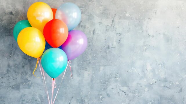 Colorful balloons against textured gray wall background