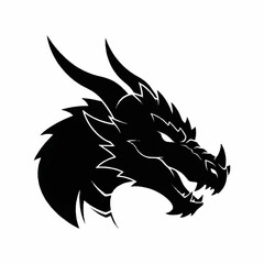 Obraz premium Black dragon head illustration with sharp horns and spikes on a white background, showcasing a fierce and mythical creature in a modern vector graphic design.