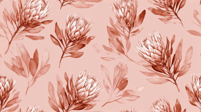 Seamless watercolor pattern with monochrome protea flowers and leaves on soft terracotta background, minimal botanical design