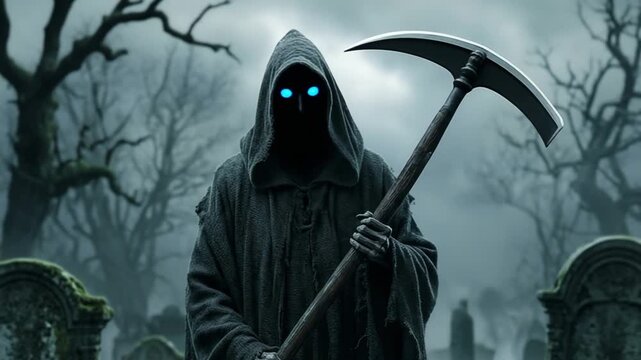 Grim Reaper Figure with Scythe Dark Fantasy Death 4K Video Footage