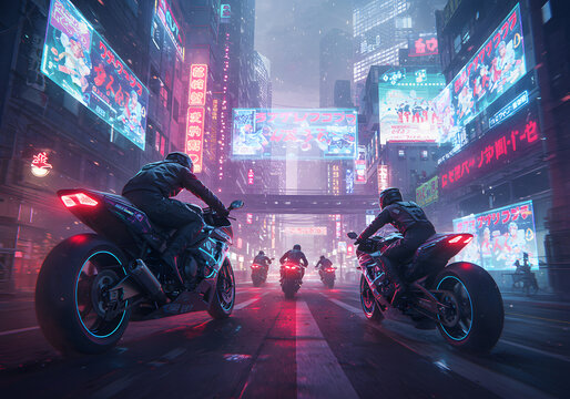 Motorcyclists futuristic city night ride
