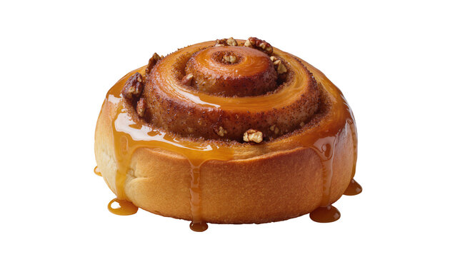 Sweet cinnamon roll with caramel glaze and nuts, isolated on transparent background