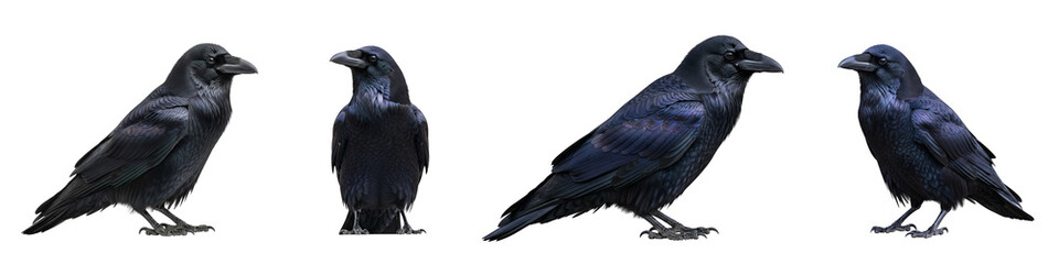 Fototapeta premium Collection of black ravens standing in different poses isolated on black