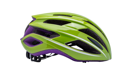 Fototapeta premium Lime green and purple cycling helmet with vents, isolated on transparent background