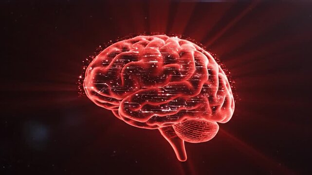 A glowing red digital human brain model floating in a dark space with light rays