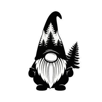 Black and white gnome silhouette vector with a pine tree forest design inside the tall hat and holding a small evergreen tree, Scandinavian folklore tomte on white background.