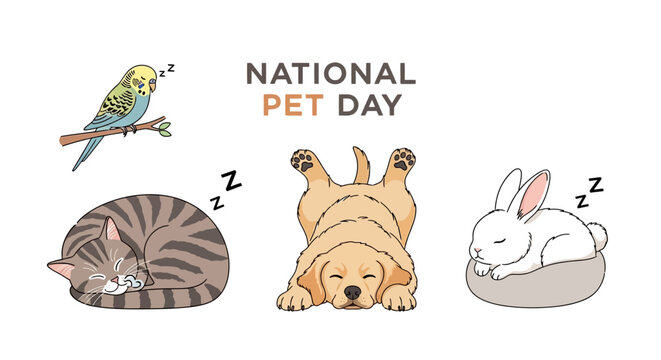 National Pet Day illustration featuring a sleeping dog, cat, rabbit, and parakeet against a clean white background, designed in a cheerful and colorful vector style to celebrate pet