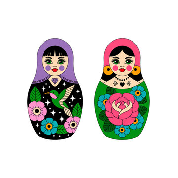 Colorful matryoshka dolls set, traditional Russian nesting dolls with floral patterns and folk art style illustration