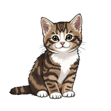 Detailed vector illustration of a small brown tabby kitten with white chest and paws, sitting and looking forward. Features realistic stripes, expressive eyes, and pink nose on white background.