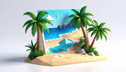 Fototapeta premium Pixel Art Tropical Beach Scene with Palm Trees Ocean and Sunny Sky