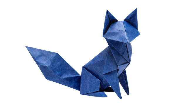 Blue origami fox sculpture geometric paper animal, isolated on transparent background