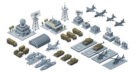 Isometric vector art depicts a detailed military base design, showcasing various elements like transport vehicles, buildings, and radar systems on a white background, rendered in a clean © Ganbate