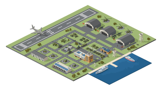 Isometric 3D illustration showing a detailed vector design of a military base with various transport vehicles and buildings, set against a bright background to highlight the strategic