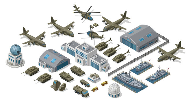 Isometric vector art depicts a detailed 3D military base, showcasing various aircraft, tanks, and naval ships, set against a clean white background with a cool, strategic design