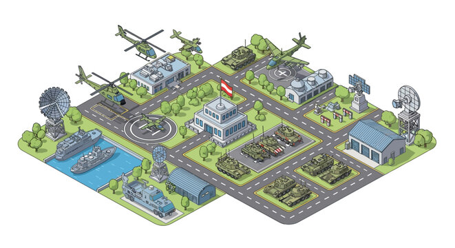 Isometric style illustration showing a military base design, complete with transport vehicles like tanks, helicopters, and ships, set against a neutral background, conveying a strategic