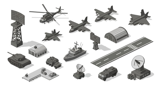 Isometric 3D vector illustration featuring a military base design with various transport vehicles and radar systems, presented against a clean white background with a minimalist style