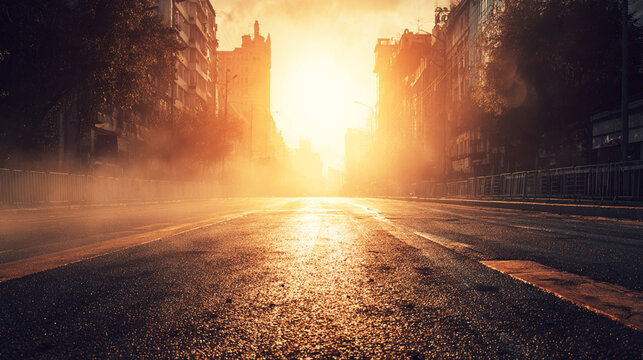 Empty city street bathed in intense sunlight and heat haze