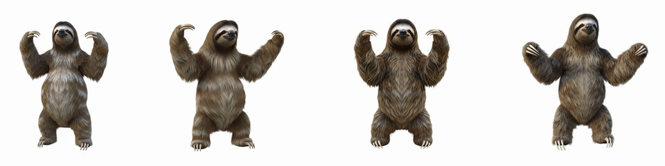 Fototapeta premium Collection of brown sloths standing with arms raised isolated on black
