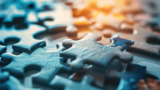 Close-up of scattered puzzle pieces with soft focus background