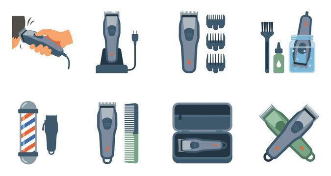 Flat style barber clippers vector icon collection with charging stand guards cleaning brush oil and barber pole for hair salon.