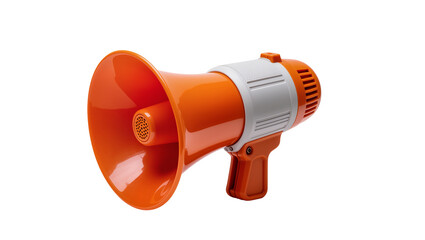 Fototapeta premium Orange plastic megaphone with white accents, isolated on transparent background