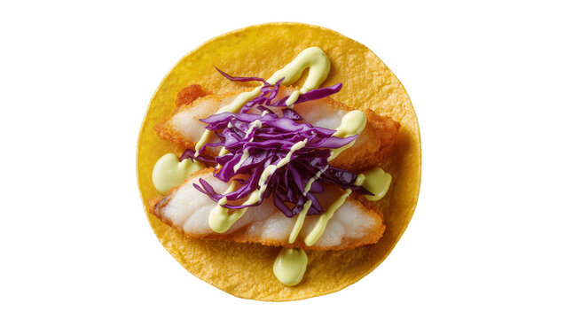 Crispy fish taco with shredded purple cabbage and avocado crema, isolated on transparent background