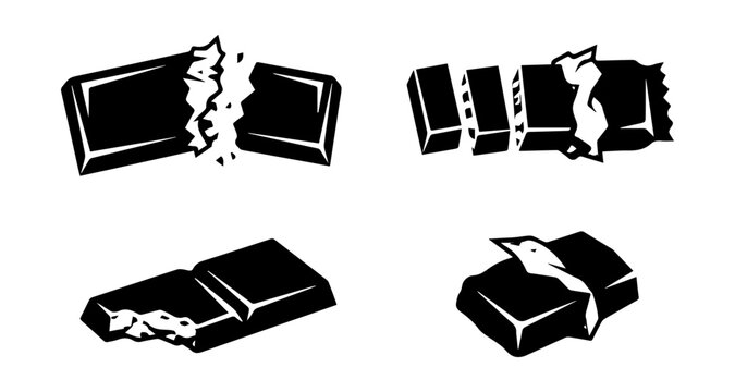 Set of four broken and unwrapped chocolate bar icons, vector illustration with white background.