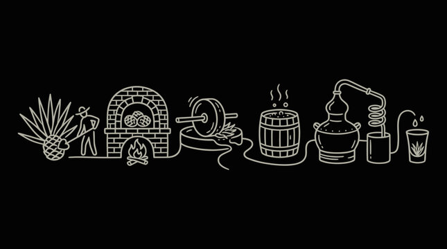 Tequila Production Process Agave to Tequila Line Art